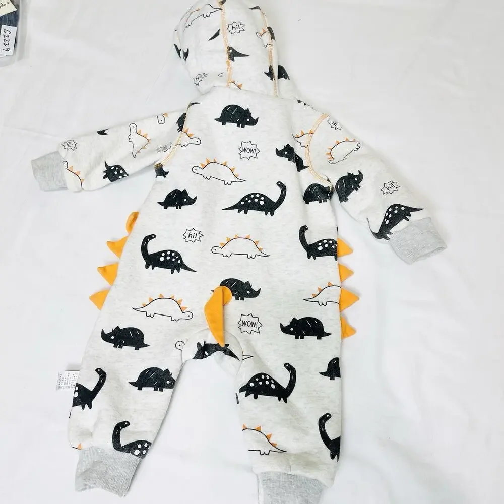 Baby Boy Dinosaur Pattern Long Sleeve Hooded Zipped Romper Winter Jumpsuit 6-12m